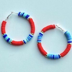 Red white and blue clay hoop earrings